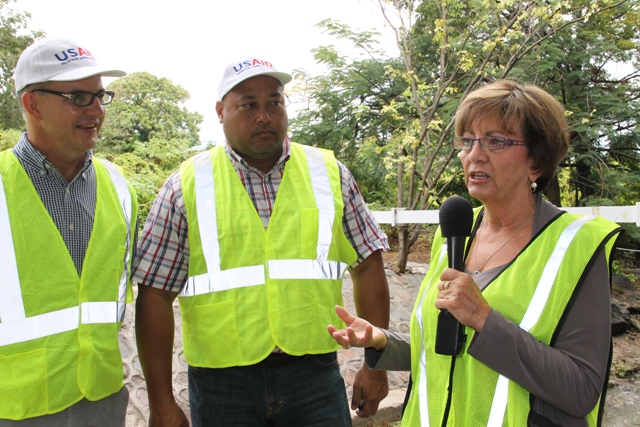 (Right) United States of America Ambassador to Barbados and the Eastern Caribbean Her Excellency Linda Taglialatela with (middle) Lester Arnold, Project Coordinator for OECS Reducing the Risks to Human and Natural Assets Resulting from Climate Change (RRACC) Project; and Ted Lawrence, USAID Director for the General Development Office, Youth, Citizen Security, Climate Change in the Eastern and Southern Caribbean